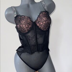 Victoria’s Secret  Black Lace Sheer Bustier Bodysuit with Embellished Straps M